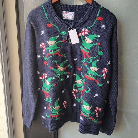 Other - Christmas Knitted Sweater Navy Blue Funny Ugly Light Up Elves Candy Cane Large